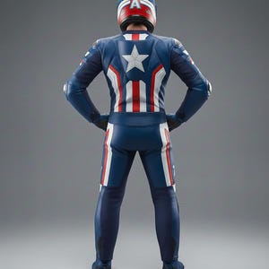 May include: A blue motorcycle racing suit with white and red stripes and a white star on the back. The helmet is red, white, and blue with the letter "A". The suit is designed to resemble a superhero costume.