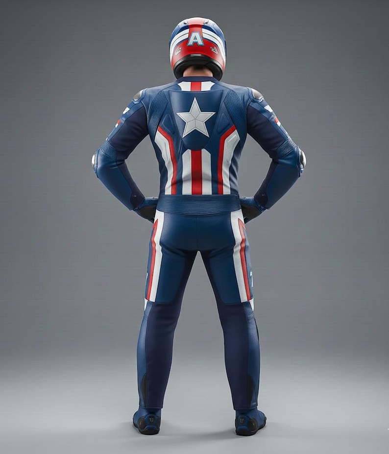 May include: A blue motorcycle racing suit with white and red stripes and a white star on the back. The helmet is red, white, and blue with the letter "A". The suit is designed to resemble a superhero costume.