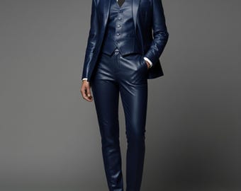 Blue Men Wedding Leather Suit Set - Leather Groom Outfit with Coat, Vest, Tie, Pants & Boots