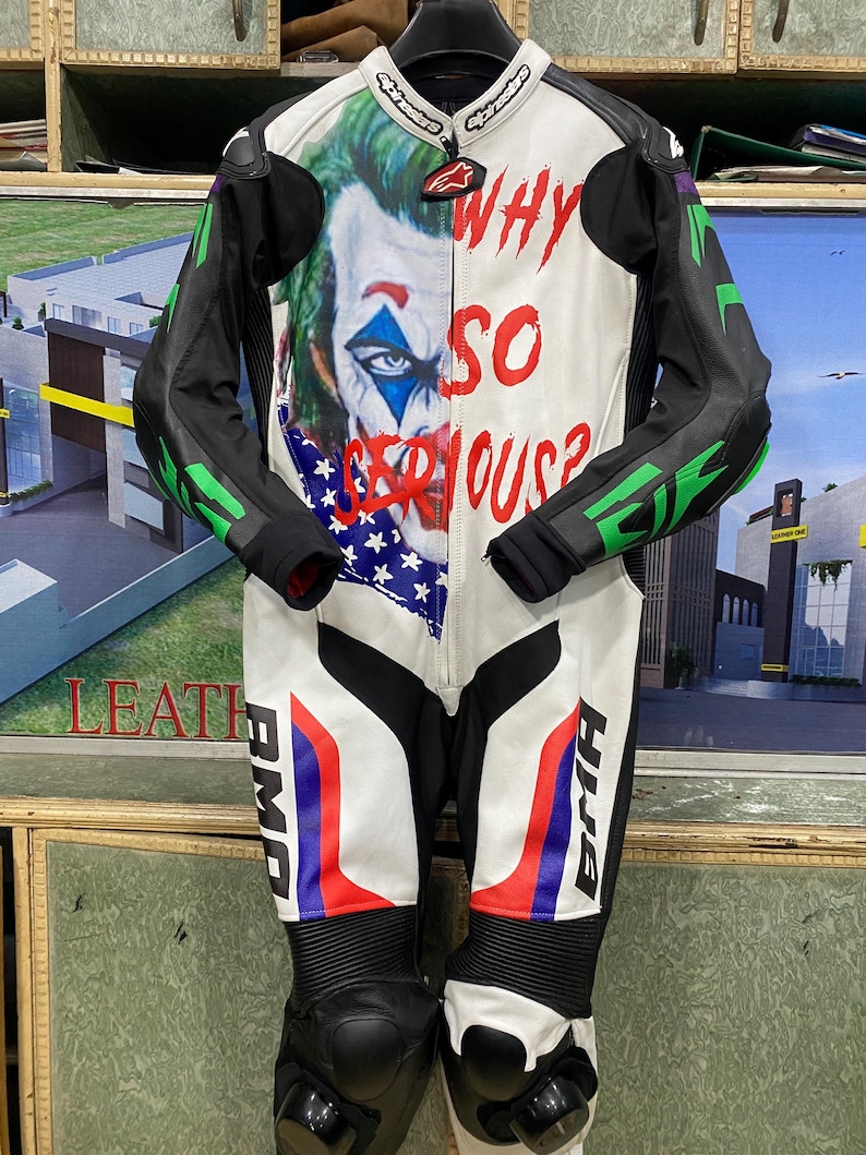 Motorcykelracingläderställ | Joker Design motorcykelställ | Röda och vita helställ bild 2