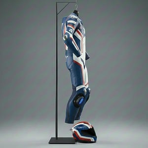 May include: A blue, white, and red racing suit hangs on a black metal stand, with a matching helmet at the base. The suit features white stripes and the number "4" on the arm. The helmet has a similar design.