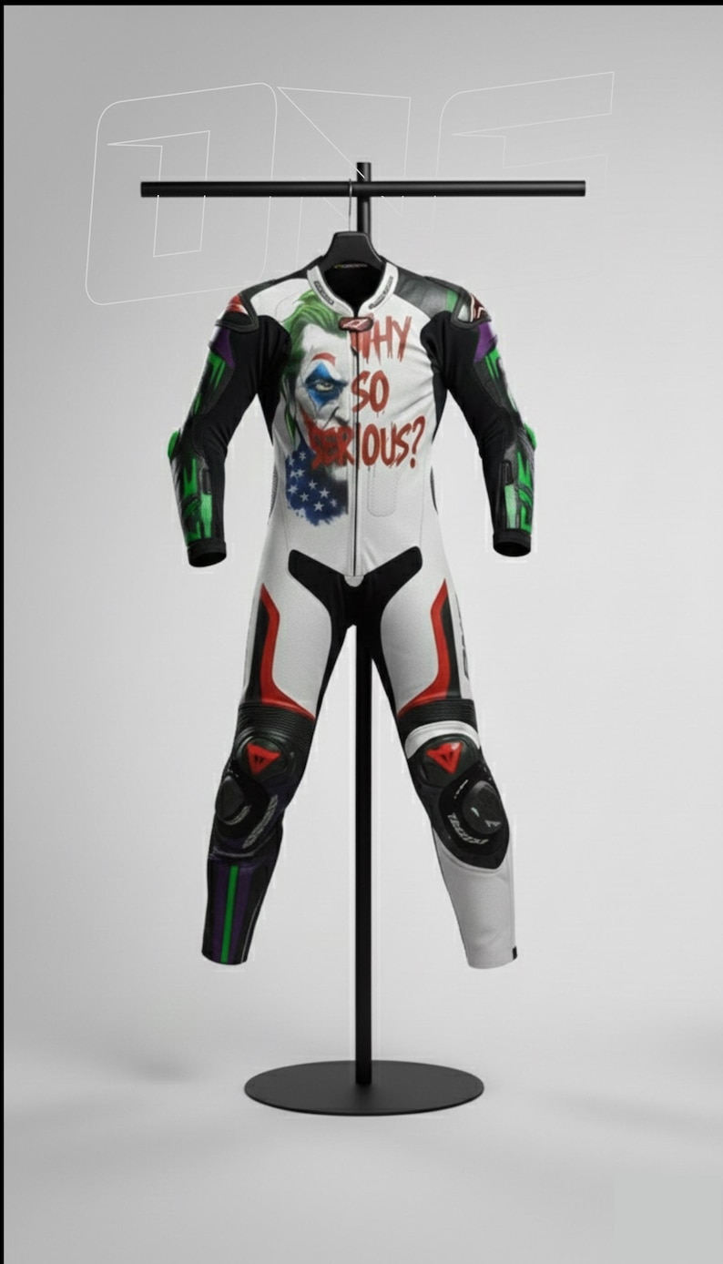 Motorcykelracingläderställ | Joker Design motorcykelställ | Röda och vita helställ bild 3