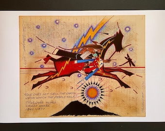 May include: A print in a Native American art style, showing a red horse and rider with a lightning bolt. The image includes text with the words "Crazy Horse" and "None does not sell the earth upon which the people walk!!".