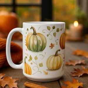 Watercolor Pumpkin Mug | Fall Coffee Cup with Autumn Leaves | Cozy Farmhouse Drinkware & Thanksgiving Gift
