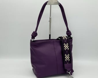 Purple Faux Leather Double Shoulder Knot Handle Zipped Crossbody Bag