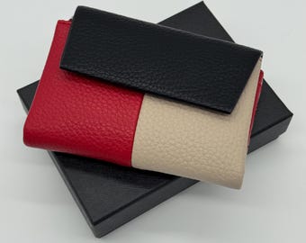 Tri Colour Faux Leather Folded Coin Purse Wallet: Silver Hardware, Gift Boxed