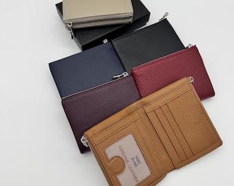 Leather Folded Coin Purse Wallet: Silver Hardware, Gift Boxed