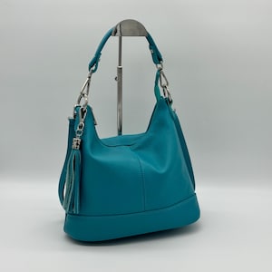 Turquoise Genuine Leather Tassel Bag Zipped Crossbody Shoulder Removable Adjustable Strap