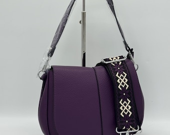 Purple Vegan Leather Saddle Bag: Crossbody with Woven Strap