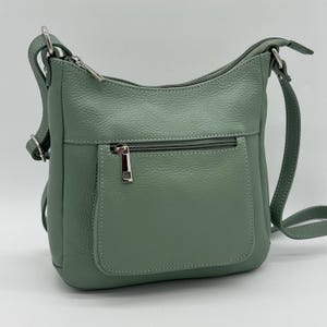 Sage Green Genuine Leather Bag Crossbody Messenger Adjustable Strap Multi Pockets