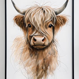 Highland Cow Wall Art Print | Rustic Farmhouse Decor | Highland Cattle Illustration | Shaggy Cow Animal Portrait | Digital Animal Artwork
