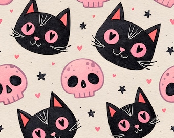 Kawaii Halloween Seamless Pattern: Black Cat & Pink Skull (PNG, JPG Digital Download)