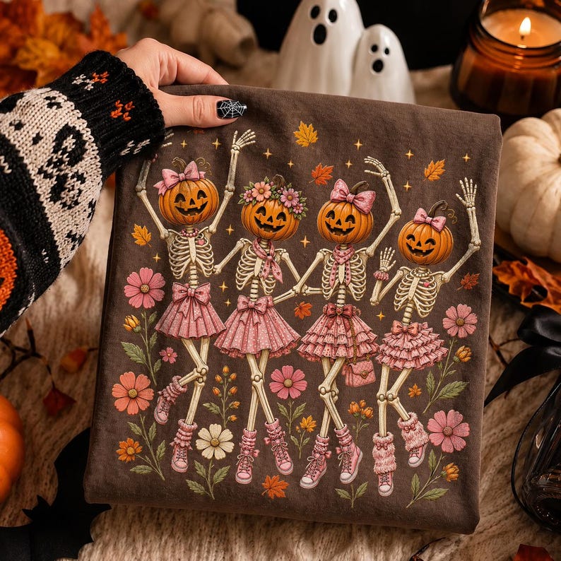 May include: A dark brown t-shirt featuring a graphic of four skeletons with pumpkin heads, wearing pink ruffled skirts, bows, and sneakers. The skeletons are surrounded by pink and orange flowers and autumn leaves, creating a festive seasonal design.