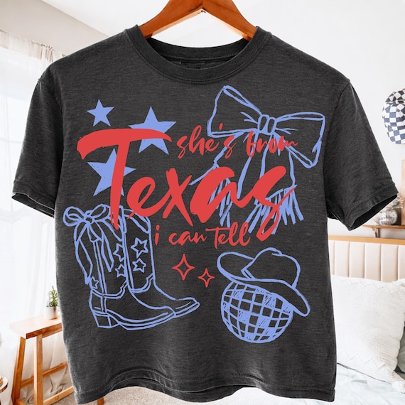 She’s From Texas I Can Tell PNG, Western Coquette Bow Cowgirl Boots, Texas Girl Shirt Design, Country Cowgirl Sublimation, 4th of July PNG