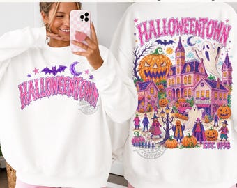 Pinkfarbenes Halloweentown-PNG, Trendiges Halloween-Sublimationsdesign, Mädchenhaftes Halloween-PNG (Vorder- und Rückseite), Retro-Halloween-Shirt-PNG, Trendiges Herbst-PNG