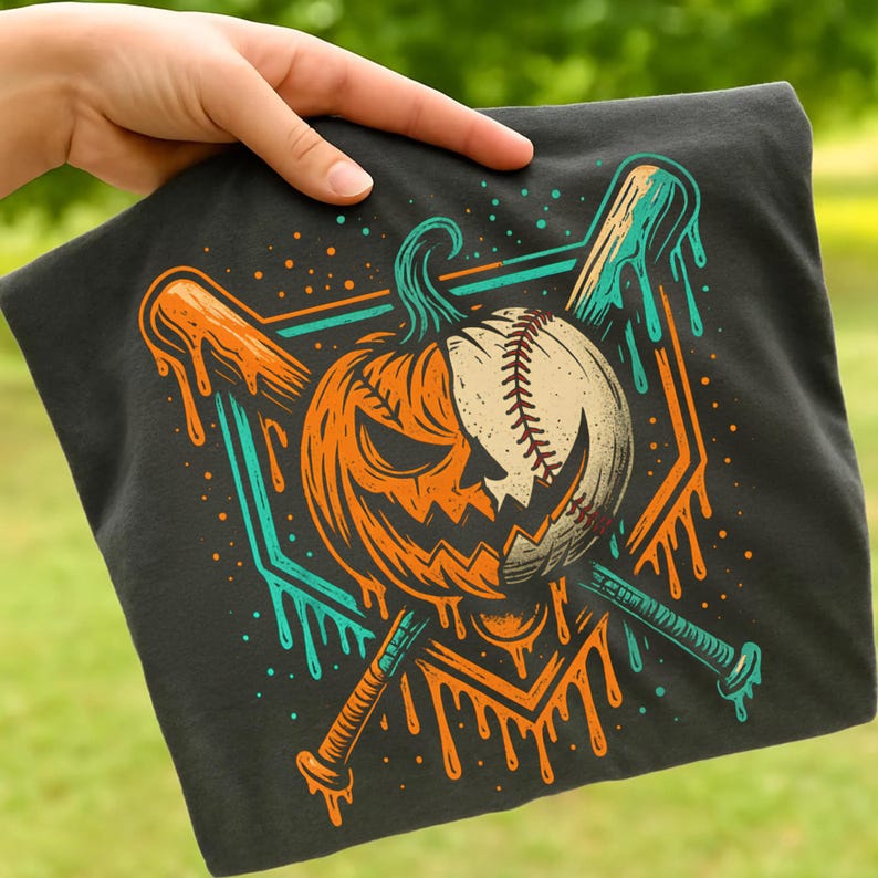 Może przedstawiać: Ciemnoszary t-shirt z nadrukiem graficznym przedstawiającym hybrydę dyni i piłki baseballowej. Obraz pokazuje dynię połączoną z piłką baseballową, umieszczoną nad dwoma skrzyżowanymi kijami baseballowymi na tle kapiącej bazy domowej.
