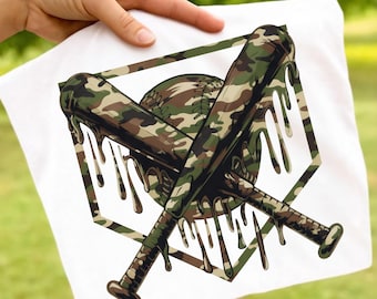 Camo Baseball PNG, Dripping Baseball Camouflage Design, Military Sports Sublimation PNG, Baseball Shirt Design, Digital Download