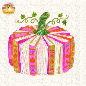 May include: A digital illustration of a pumpkin formed by a circular arrangement of open books. The books feature bright pink and gold spines decorated with orange pumpkin and leaf icons. A green, textured stem with curling vines sits on top.