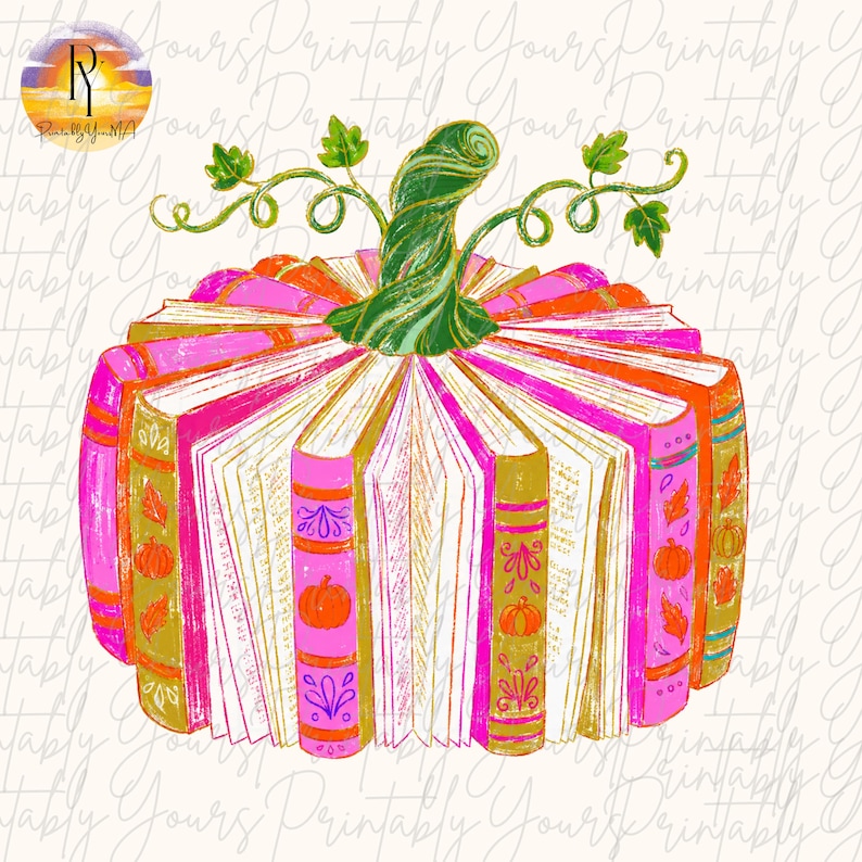 May include: A digital illustration of a pumpkin formed by a circular arrangement of open books. The books feature bright pink and gold spines decorated with orange pumpkin and leaf icons. A green, textured stem with curling vines sits on top.