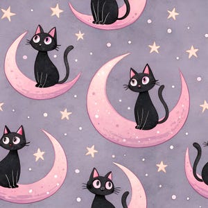 May include: A repeating pattern featuring black cats sitting on pink crescent moons against a gray background. White stars and small dots are scattered throughout the design. The cats have pink ears and large, round eyes.