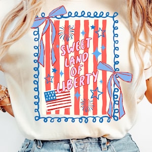 Sweet Land of Liberty PNG, 4th of July Stripes Shirt Design, Patriotic Coquette Bow USA PNG, Independence Day Sublimation Graphic