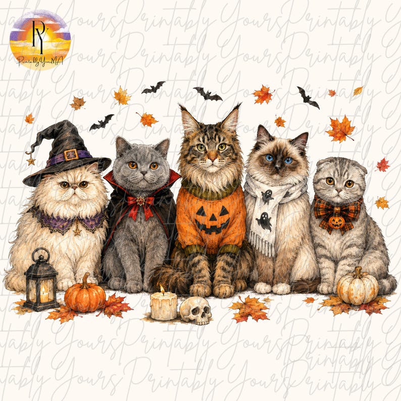 May include: A digital illustration of five cats dressed for Halloween. One wears a witch hat, one a vampire cape, one a pumpkin sweater, one a ghost scarf, and one a plaid bow tie. They are surrounded by pumpkins, a lantern, a skull, and leaves.