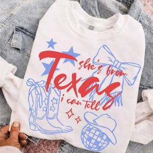 She’s From Texas I Can Tell PNG, Western Coquette Bow Cowgirl Boots, Texas Girl Shirt Design, Country Cowgirl Sublimation, 4th of July PNG image 2