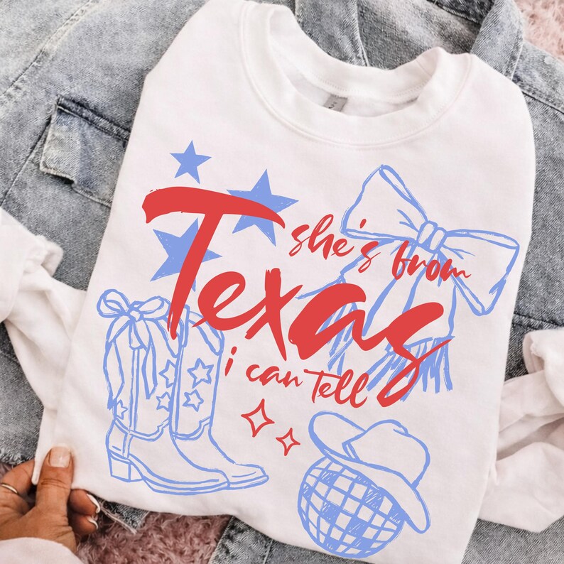 She’s From Texas I Can Tell PNG, Western Coquette Bow Cowgirl Boots, Texas Girl Shirt Design, Country Cowgirl Sublimation, 4th of July PNG image 2