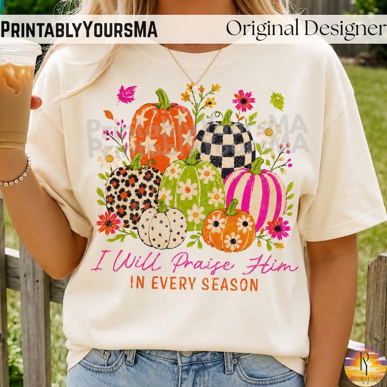 Colorful Pumpkin PNG, Hand Drawn Fall Pumpkin Collage Sublimation, Cute Polka Dot Floral Pumpkin Shirt Png, Trendy Autumn Fall Stars Png image 3