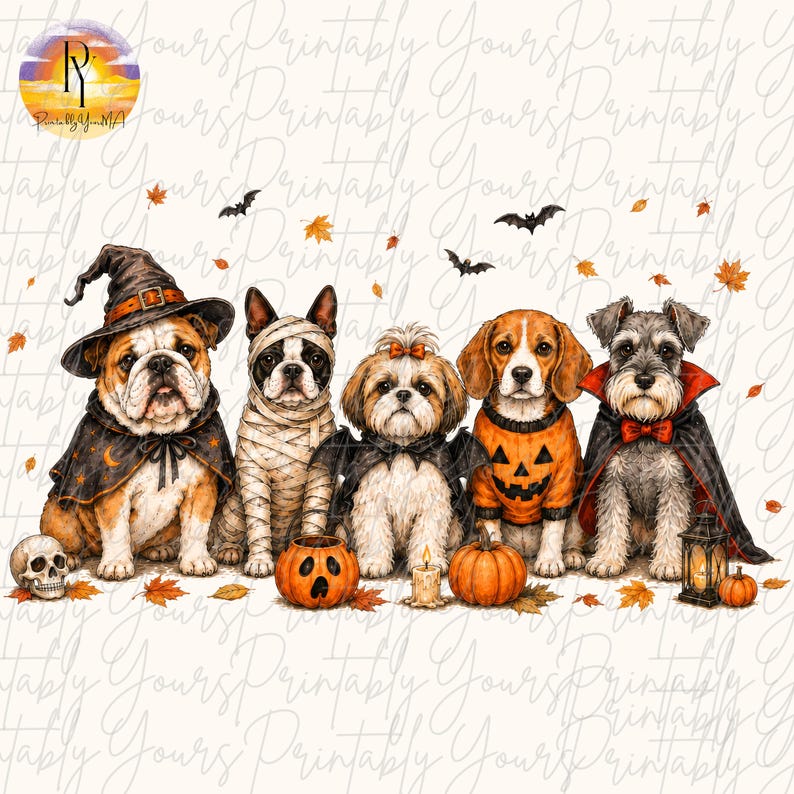 May include: A digital illustration of five dogs in Halloween costumes: a bulldog as a witch, a Boston terrier as a mummy, a shih tzu with bat wings, a beagle in a pumpkin sweater, and a schnauzer as a vampire, surrounded by leaves and pumpkins.