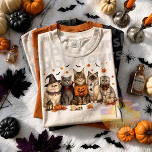 May include: A cream-colored t-shirt featuring a graphic of five cats dressed in Halloween costumes, including a witch hat, vampire cape, and pumpkin sweater. The shirt is layered over orange and black shirts, surrounded by pumpkins and bats.