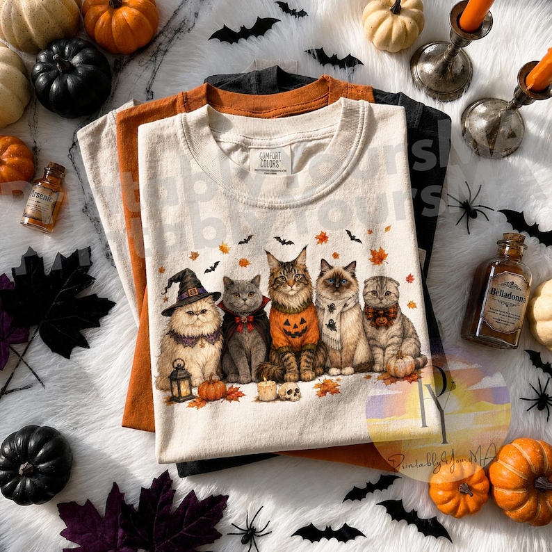 May include: A cream-colored t-shirt featuring a graphic of five cats dressed in Halloween costumes, including a witch hat, vampire cape, and pumpkin sweater. The shirt is layered over orange and black shirts, surrounded by pumpkins and bats.