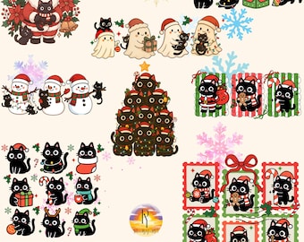 Niedliche schwarze Katzen Weihnachten Bundle Png, Festlicher Katzenliebhaber Png Set | Gemütliche Urlaub Kitty Sublimation, lustige Weihnachten Shirt digitaler Download