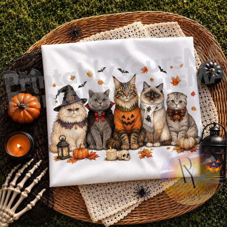 May include: A white t-shirt featuring a graphic of five cats dressed in Halloween costumes, including a witch hat, vampire cape, pumpkin sweater, ghost scarf, and plaid bowtie, surrounded by autumn leaves, bats, and small pumpkins.