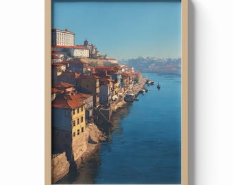Porto Portugal Print, Riverside Cityscape Wall Art, Colorful Waterfront Poster, European Travel Decor, Douro River Illustration