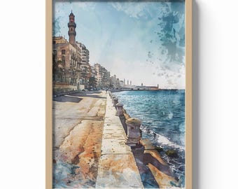 Alexandria Egypt Print, Corniche Waterfront Wall Art, Mediterranean City Poster, Coastal Travel Decor, Watercolor Architecture Illustration