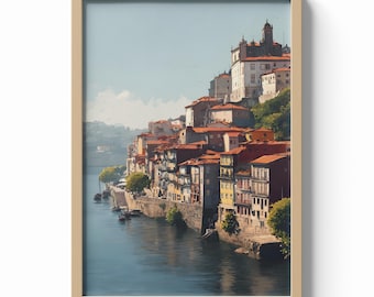 Porto Portugal Print, Colorful Riverside Wall Art, Waterfront Cityscape Poster, European Travel Decor, Douro River Illustration