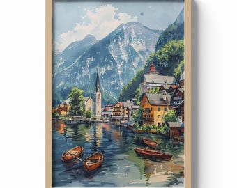 Hallstatt Oostenrijk print, Alpine Lake kunst aan de muur, Hallstatt Village poster, Oostenrijk reisdecor, berglandschap