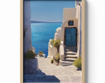 Santorini Greece Print, Whitewashed Coastal Wall Art, Mediterranean Architecture Poster, Greek Island Decor, Aegean Sea Illustration