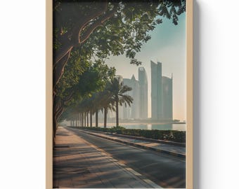 Abu Dhabi Print, Palm Lined Boulevard Wall Art, Modern Skyline Poster, Middle Eastern Travel Decor, Coastal City Illustration