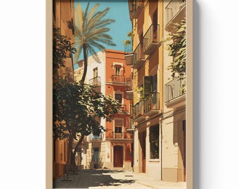 Valencia Spain Print, Mediterranean Street Wall Art, Spanish Architecture Poster, Europe Travel Decor, Historic City Illustration