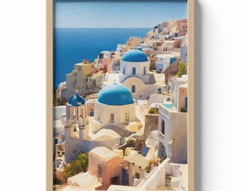 Santorini Greece Print, Blue Dome Wall Art, Mediterranean Architecture Poster, Greek Island Decor, Aegean Sea Illustration
