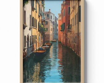 Venice Italy Print, Canal Street Wall Art, Colorful Waterfront Poster, European Travel Decor, Venetian Architecture Illustration