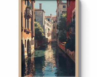 Venice Italy Print, Canal Bridge Wall Art, Colorful Waterfront Poster, European Travel Decor, Venetian Architecture Illustration