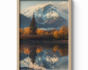 Anchorage Alaska Print, Snowy Mountain Wall Art, Autumn Landscape Poster, Nature Travel Decor, Wilderness Reflection Illustration