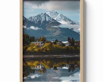 Anchorage Alaska Print, Mountain Reflection Wall Art, Autumn Landscape Poster, Nature Travel Decor, Wilderness Illustration