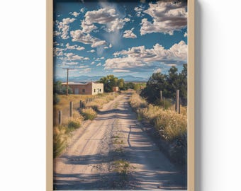 Albuquerque Print, Desert Road Wall Art, Southwest Landscape Poster, New Mexico Travel Decor, Rustic Adobe Illustration