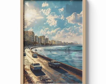 Alexandria Egypt Print, Corniche Waterfront Wall Art, Mediterranean City Poster, Travel Decor, Coastal Architecture Illustration
