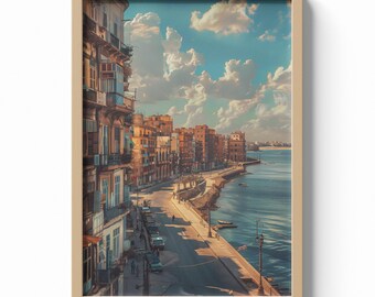 Alexandria Egypt Print, Mediterranean Waterfront Wall Art, Historic City Poster, Coastal Travel Decor, Urban Architecture Illustration
