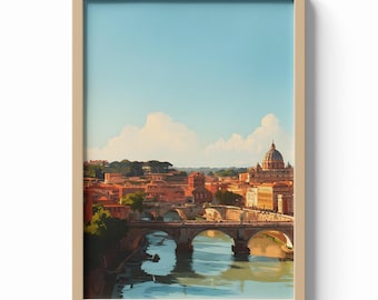 Rome Italy Print, St. Peter’s Basilica Wall Art, Riverside Cityscape Poster, European Travel Decor, Historic Architecture Illustration